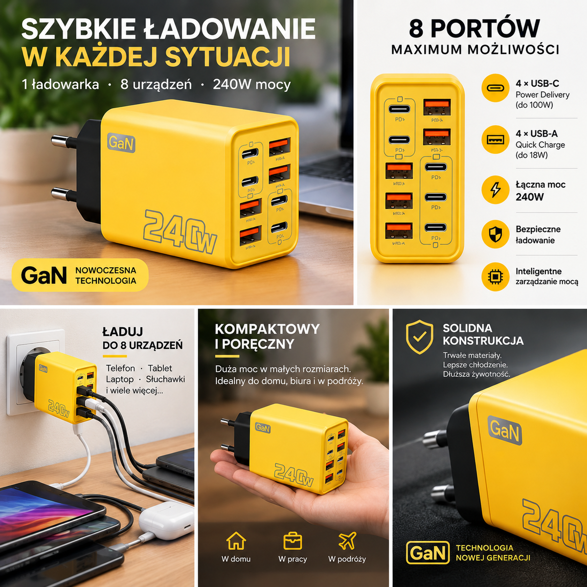 Ładowarka wieloportowa GaN 240W 8w1 — 4× USB-C + 4× USB-A | 8 urządzeń, jedno gniazdko