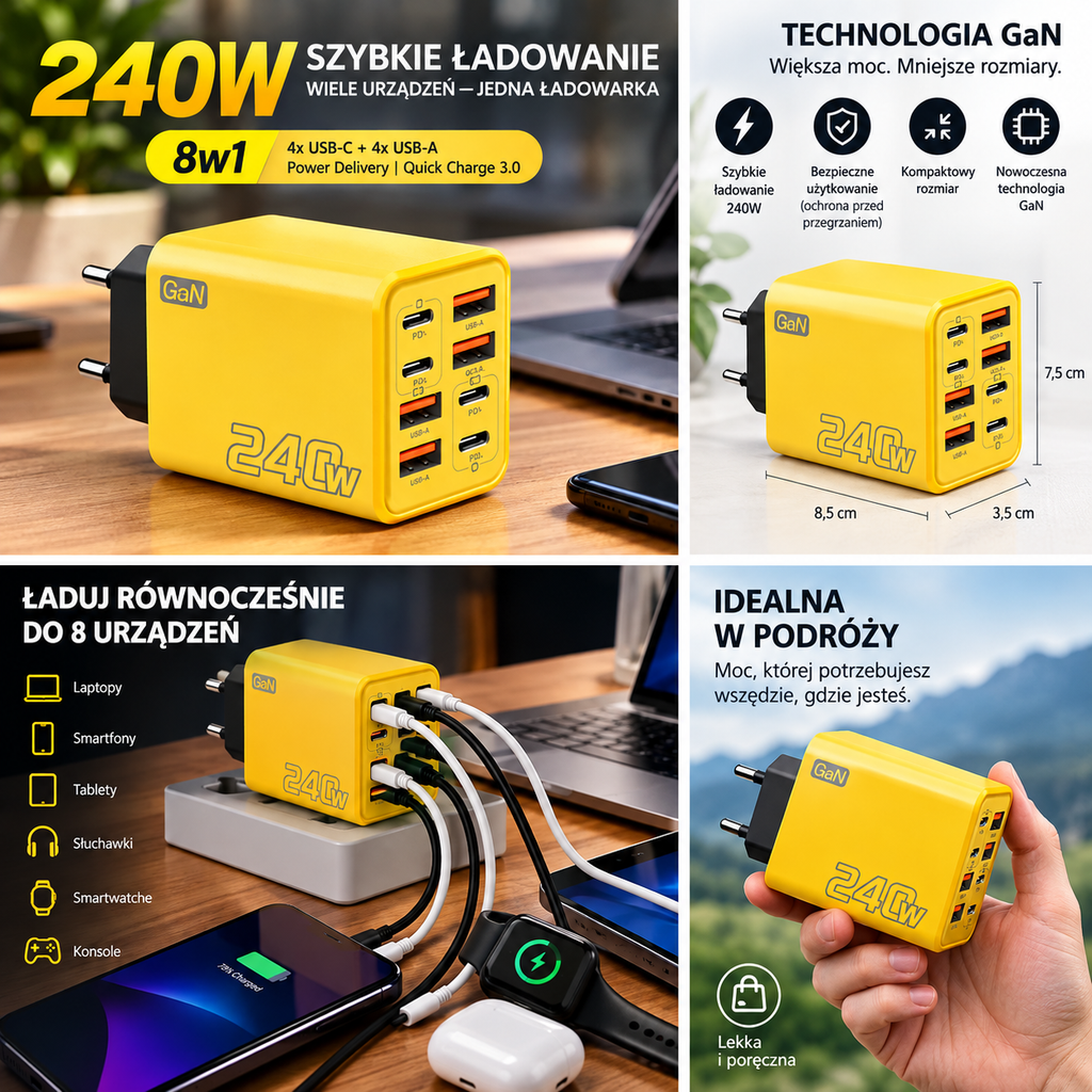 Ładowarka wieloportowa GaN 240W 8w1 — 4× USB-C + 4× USB-A | 8 urządzeń, jedno gniazdko