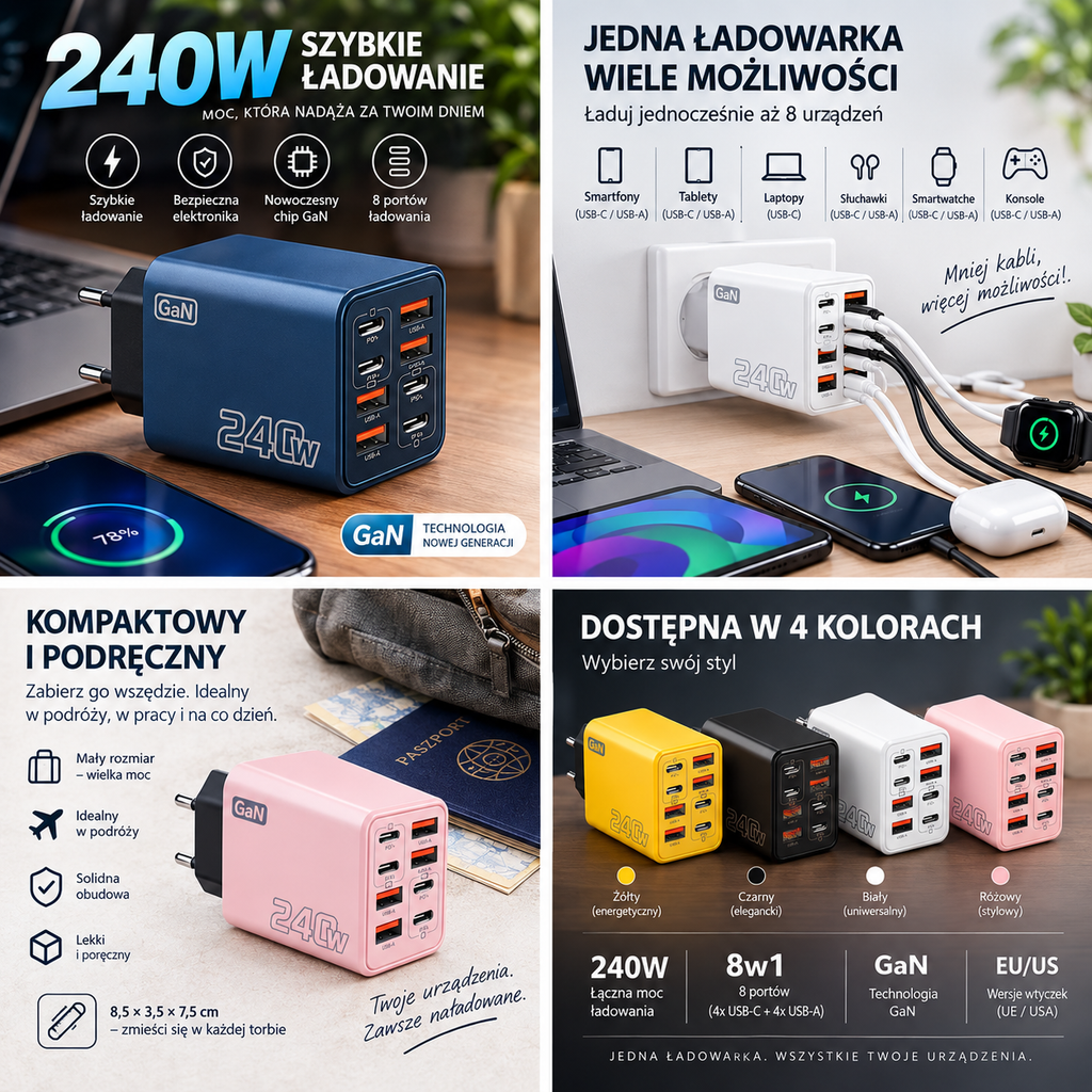 Ładowarka wieloportowa GaN 240W 8w1 — 4× USB-C + 4× USB-A | 8 urządzeń, jedno gniazdko