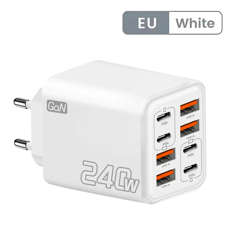 Ładowarka wieloportowa GaN 240W 8w1 — 4× USB-C + 4× USB-A | 8 urządzeń, jedno gniazdko
