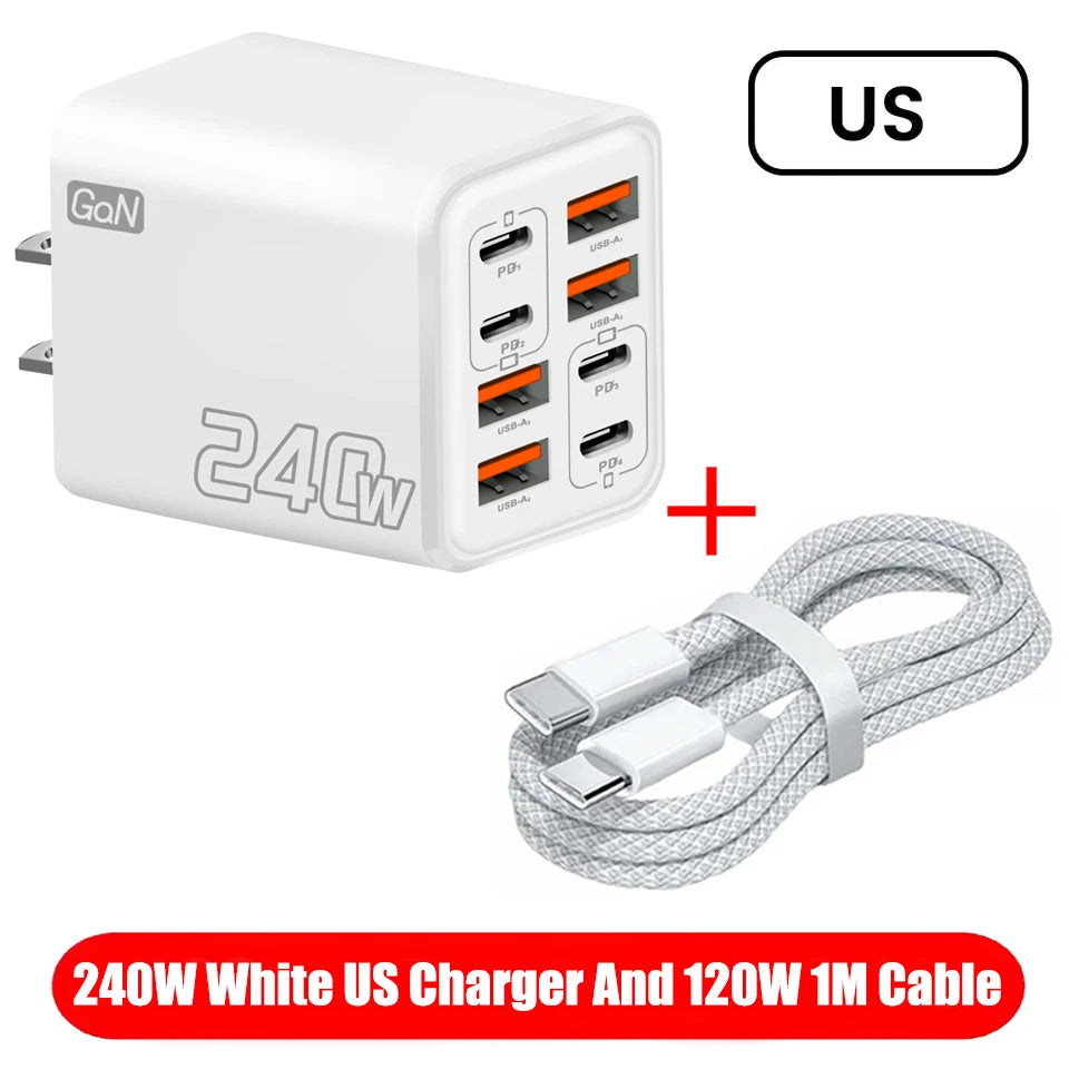 Ładowarka wieloportowa GaN 240W 8w1 — 4× USB-C + 4× USB-A | 8 urządzeń, jedno gniazdko