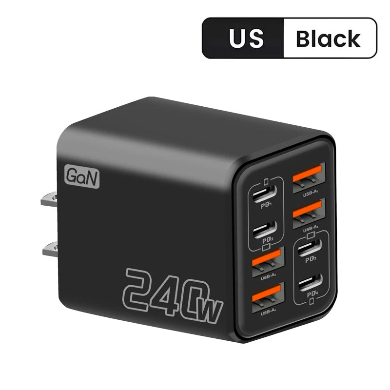 Ładowarka wieloportowa GaN 240W 8w1 — 4× USB-C + 4× USB-A | 8 urządzeń, jedno gniazdko