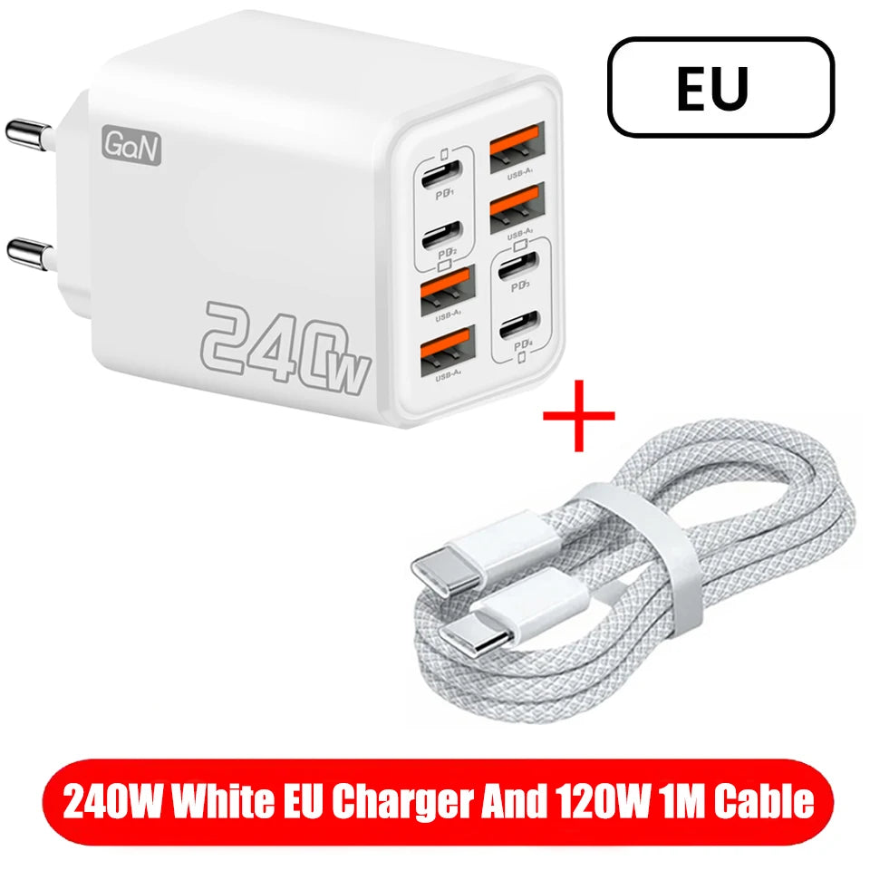 Ładowarka wieloportowa GaN 240W 8w1 — 4× USB-C + 4× USB-A | 8 urządzeń, jedno gniazdko