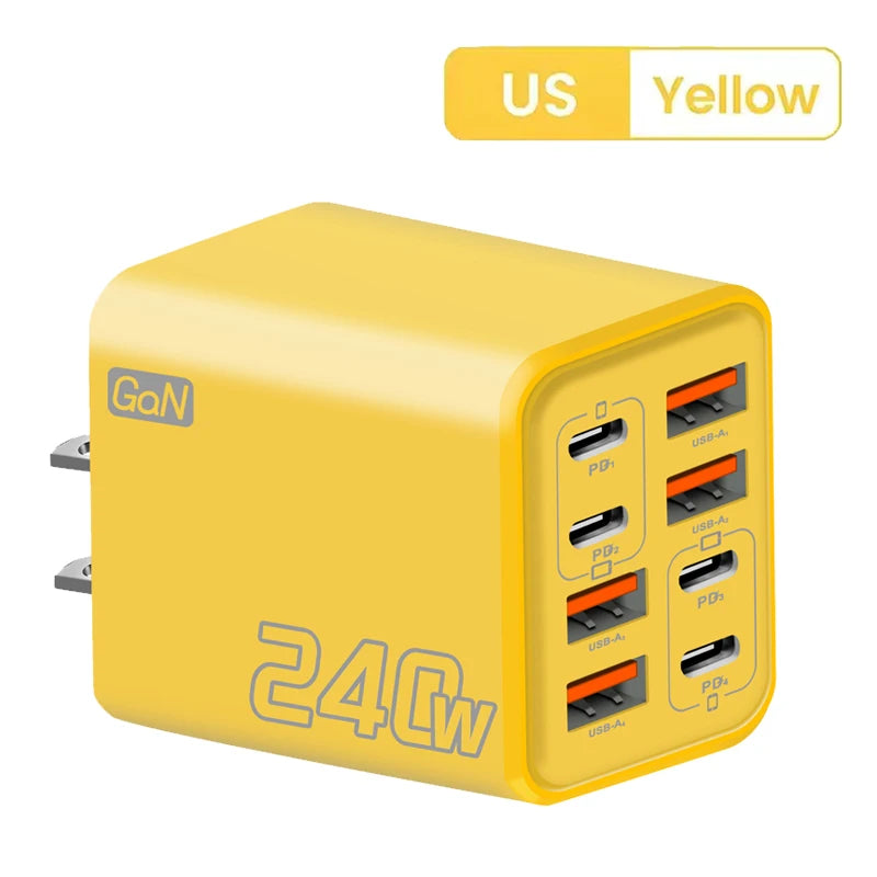 Ładowarka wieloportowa GaN 240W 8w1 — 4× USB-C + 4× USB-A | 8 urządzeń, jedno gniazdko