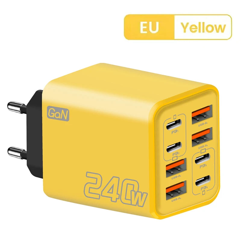 Ładowarka wieloportowa GaN 240W 8w1 — 4× USB-C + 4× USB-A | 8 urządzeń, jedno gniazdko