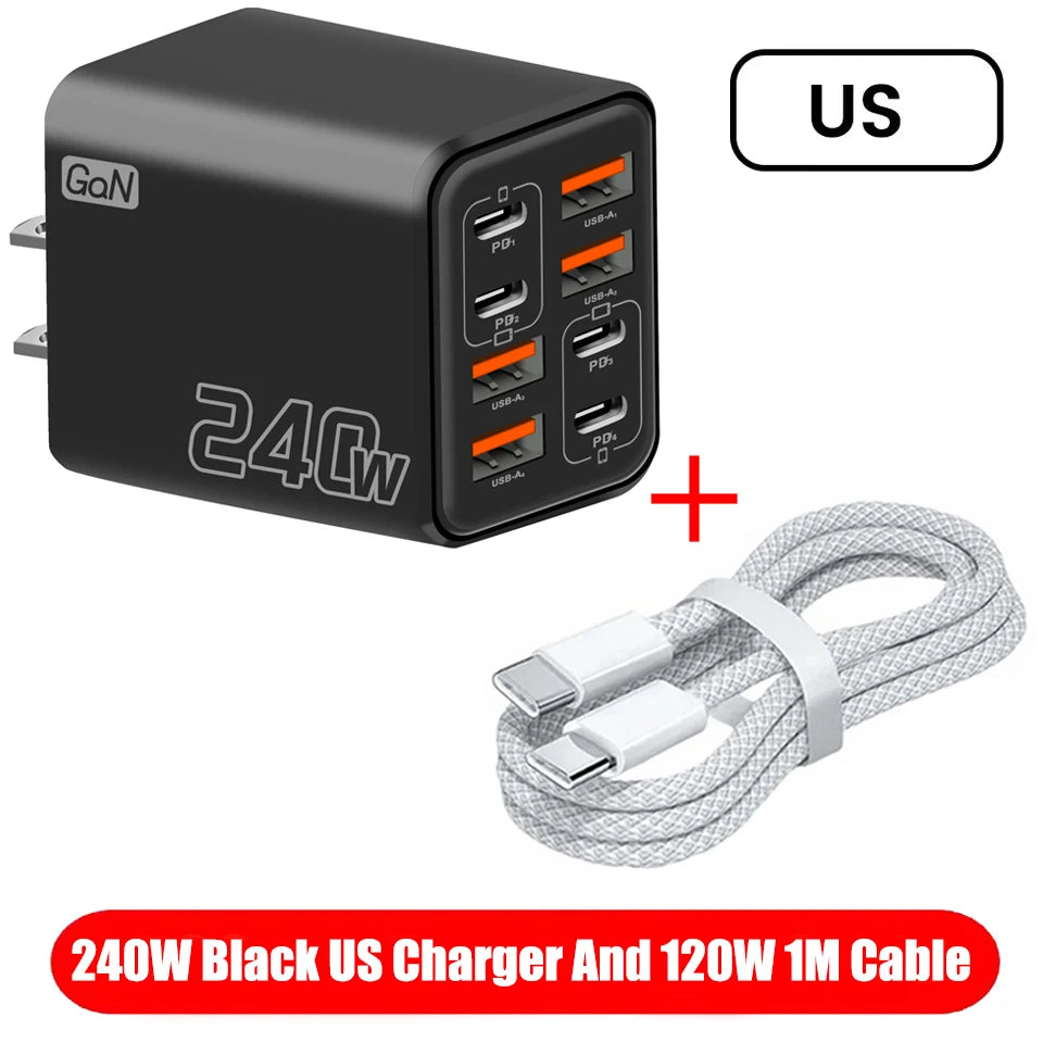 Ładowarka wieloportowa GaN 240W 8w1 — 4× USB-C + 4× USB-A | 8 urządzeń, jedno gniazdko