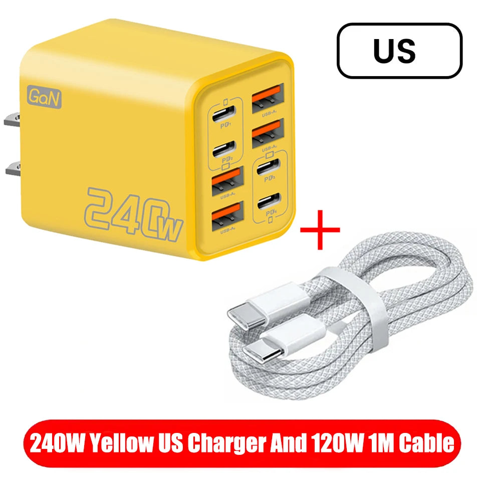 Ładowarka wieloportowa GaN 240W 8w1 — 4× USB-C + 4× USB-A | 8 urządzeń, jedno gniazdko
