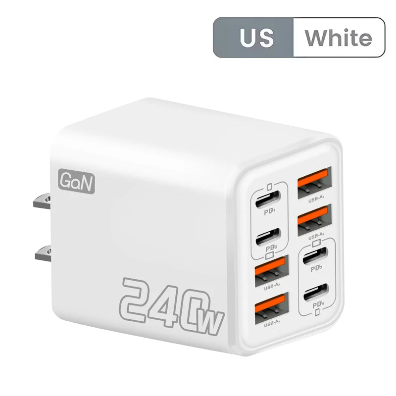 Ładowarka wieloportowa GaN 240W 8w1 — 4× USB-C + 4× USB-A | 8 urządzeń, jedno gniazdko