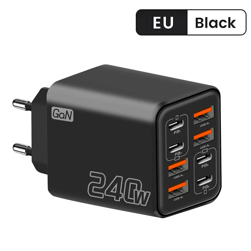 Ładowarka wieloportowa GaN 240W 8w1 — 4× USB-C + 4× USB-A | 8 urządzeń, jedno gniazdko