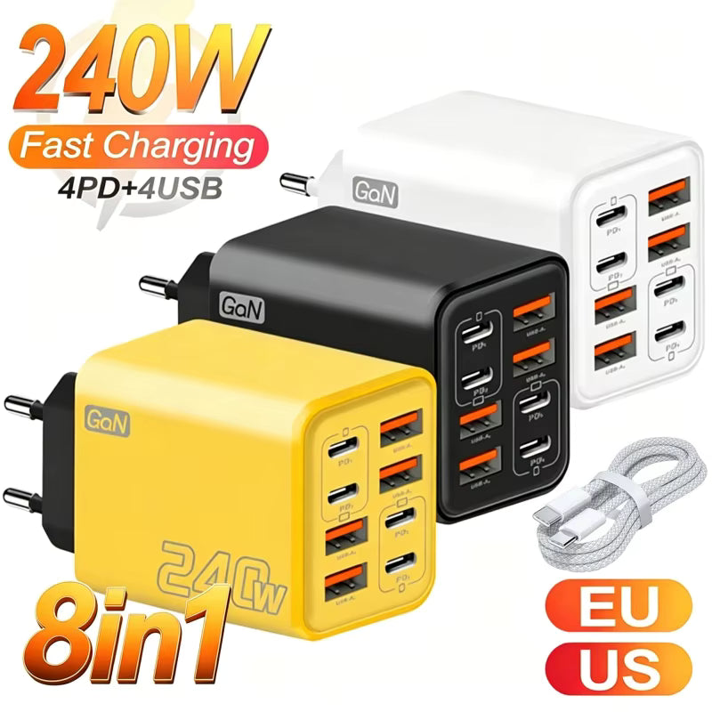 Ładowarka wieloportowa GaN 240W 8w1 — 4× USB-C + 4× USB-A | 8 urządzeń, jedno gniazdko