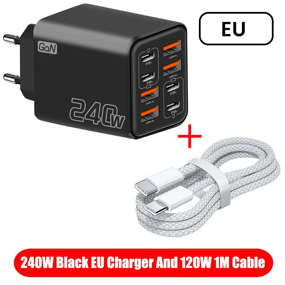 Ładowarka wieloportowa GaN 240W 8w1 — 4× USB-C + 4× USB-A | 8 urządzeń, jedno gniazdko