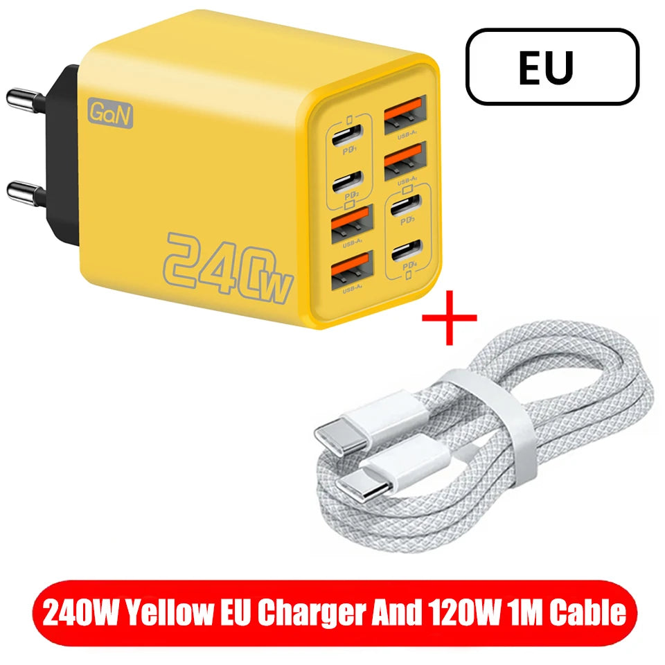 Ładowarka wieloportowa GaN 240W 8w1 — 4× USB-C + 4× USB-A | 8 urządzeń, jedno gniazdko