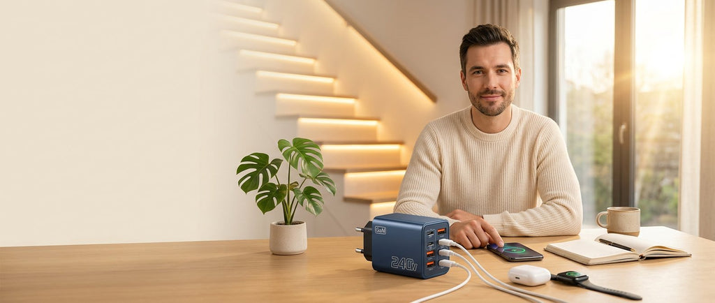 Ładowarka wieloportowa GaN 240W 8w1 — 4× USB-C + 4× USB-A | 8 urządzeń, jedno gniazdko